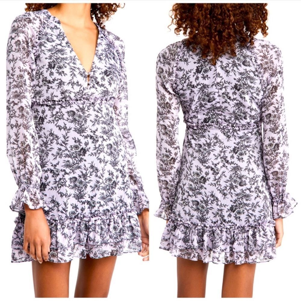 LIKELY Revolve Amber Dress Loe Vneck Ruffle Violet Black Long Sleeve Dress Sz 4